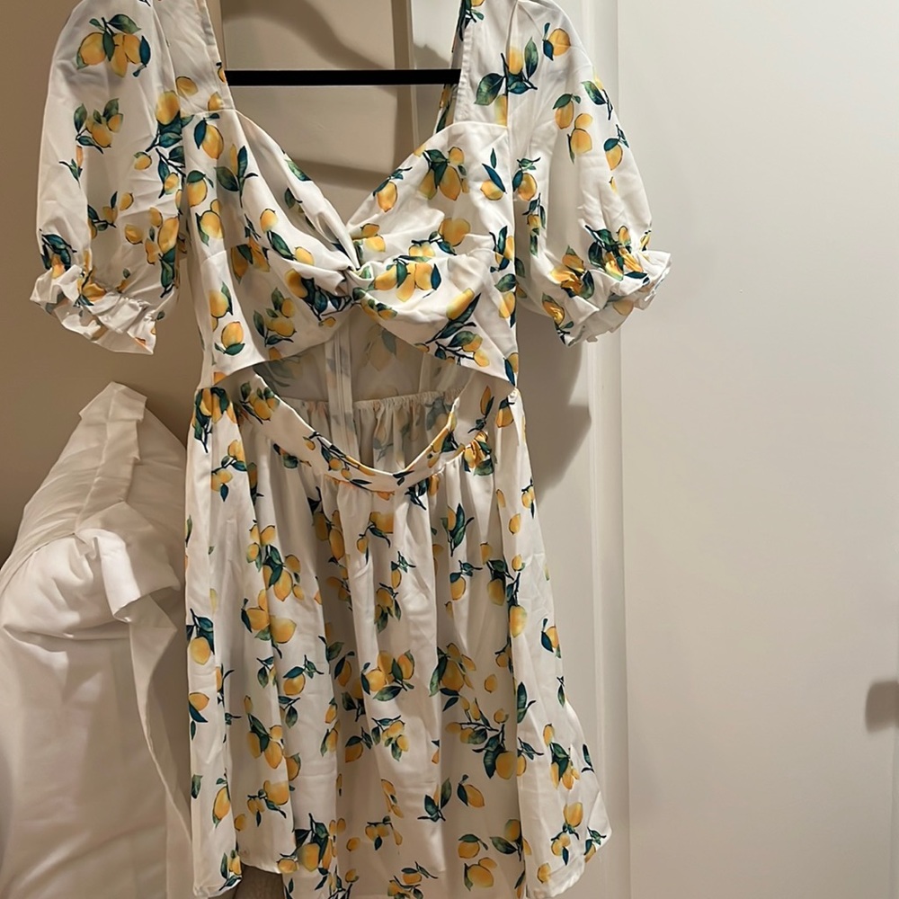brand new with tags Cider brand Lemon key hole puff sleeve print mini dress